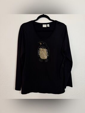 Zenergy Chico’s Black Long Sleeve Shirt Beaded Sequin Rhinestone Penguin Large 2